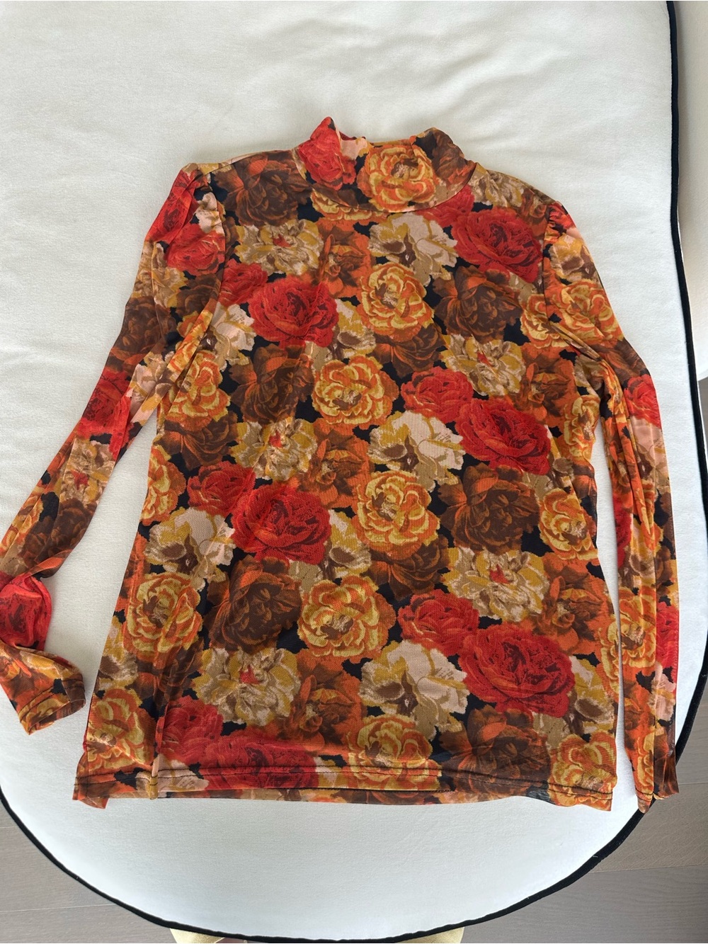 Floral Long-Sleeve Turtleneck Shirt in Red & Brown